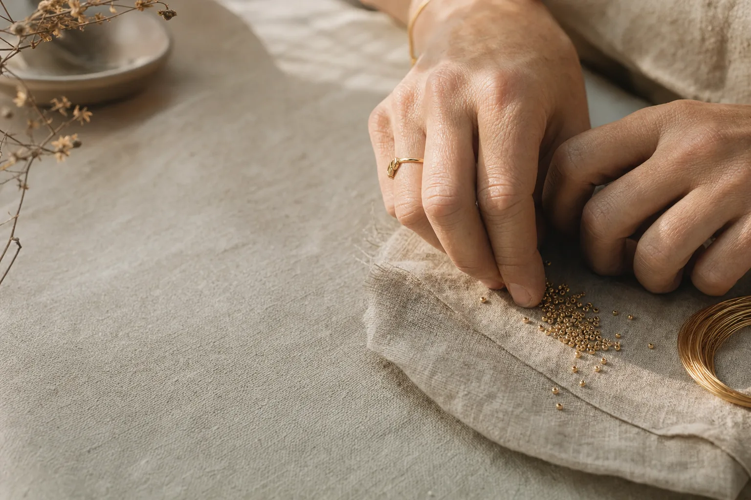 Manos de una artesana ordenando pequeñas bolas doradas sobre un lienzo de lino natural